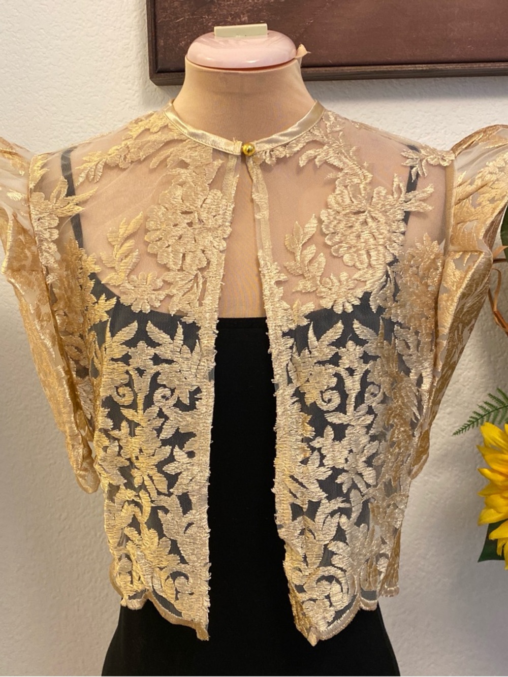 Filipiniana Gold Lace Sheer Bolero Top - Elegant Overlay Jacket